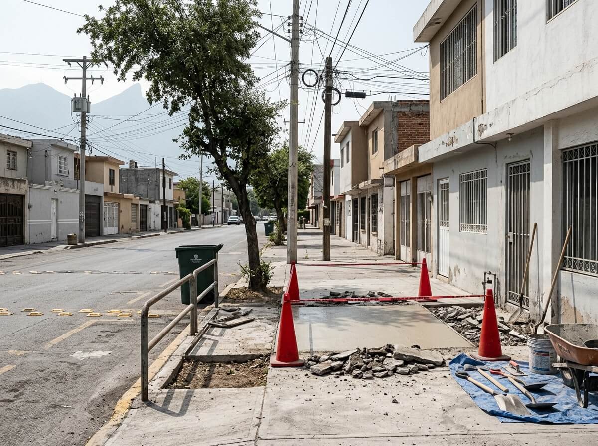 Calle urbana de Monterrey con mobiliario público y banquetas en mantenimiento