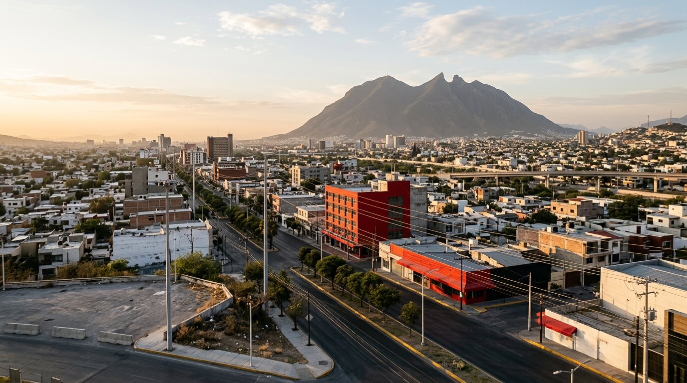 Vista panorámica de la ciudad de Monterrey con el Cerro de la Silla al fondo